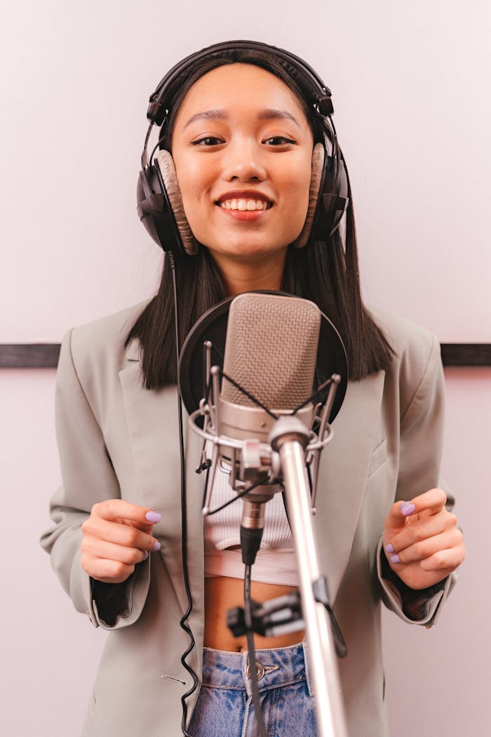 A stylish young woman singing joyfully in a recording studio wearing headphones, expressing creativity and passion.