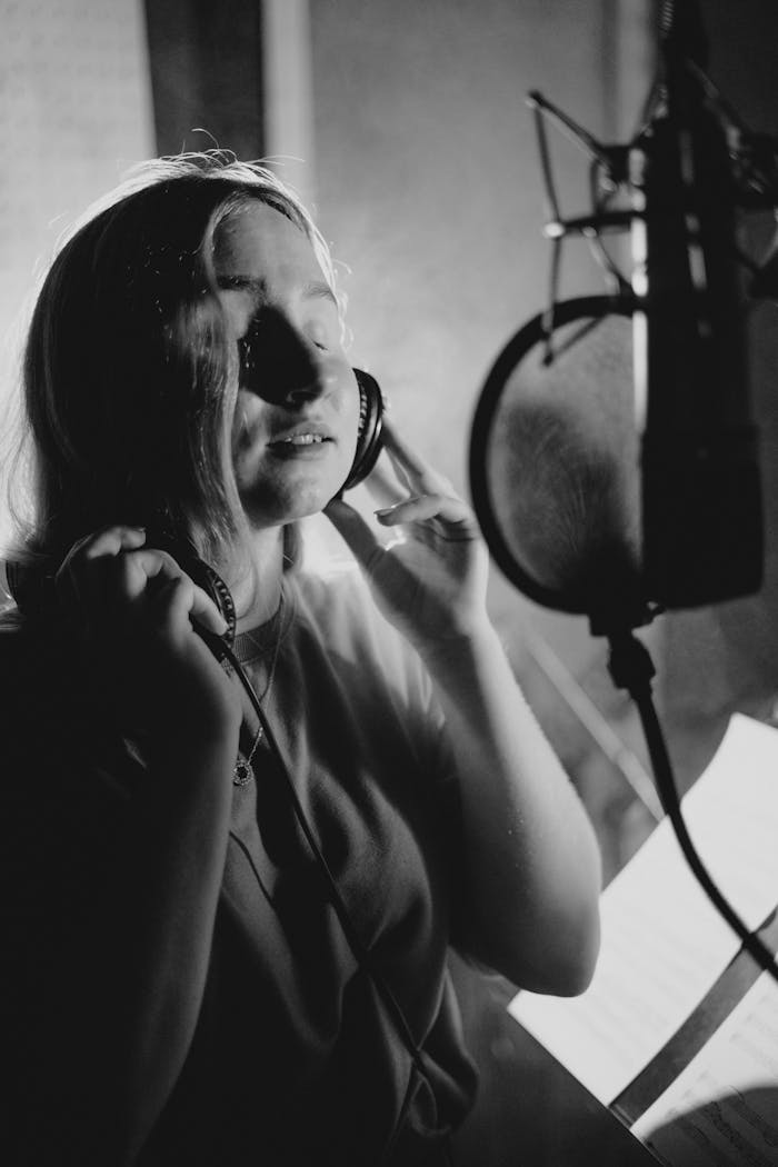 Monochrome image of a woman singer recording in a professional music studio.